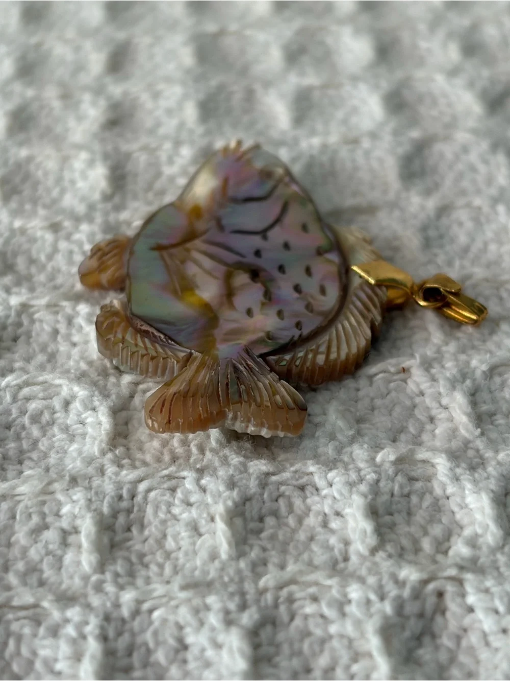 Vintage Carved Iridescent Abalone Shell Fish Pendant On A Gold Tone Bail